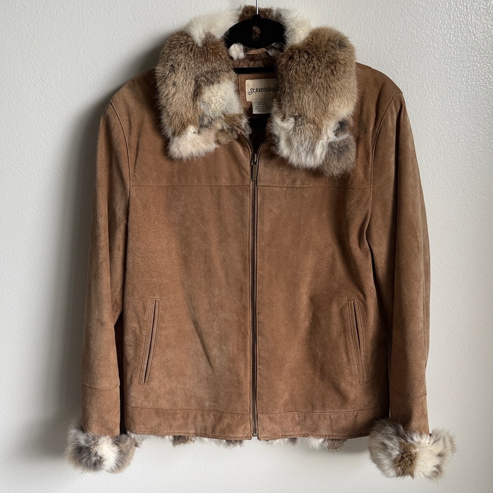 St. John's Bay Brown Suede Leather Jacket, Rabbit Fur, Large, Y2K, Boho, 70s
